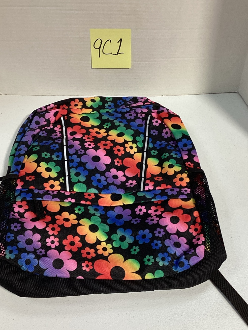 Lands' End Kids Rainbow Flower Backpack - Black with Multicolor Flowers